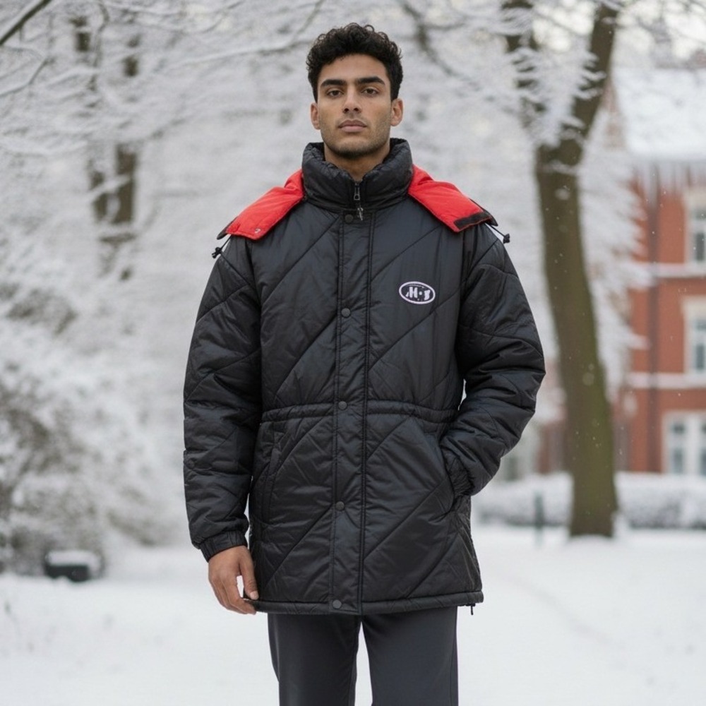 VTG Match 1 Gear Mens XXL Black Red Quilted Puffer Parka Jacket Hooded NWT - Picture 1 of 8